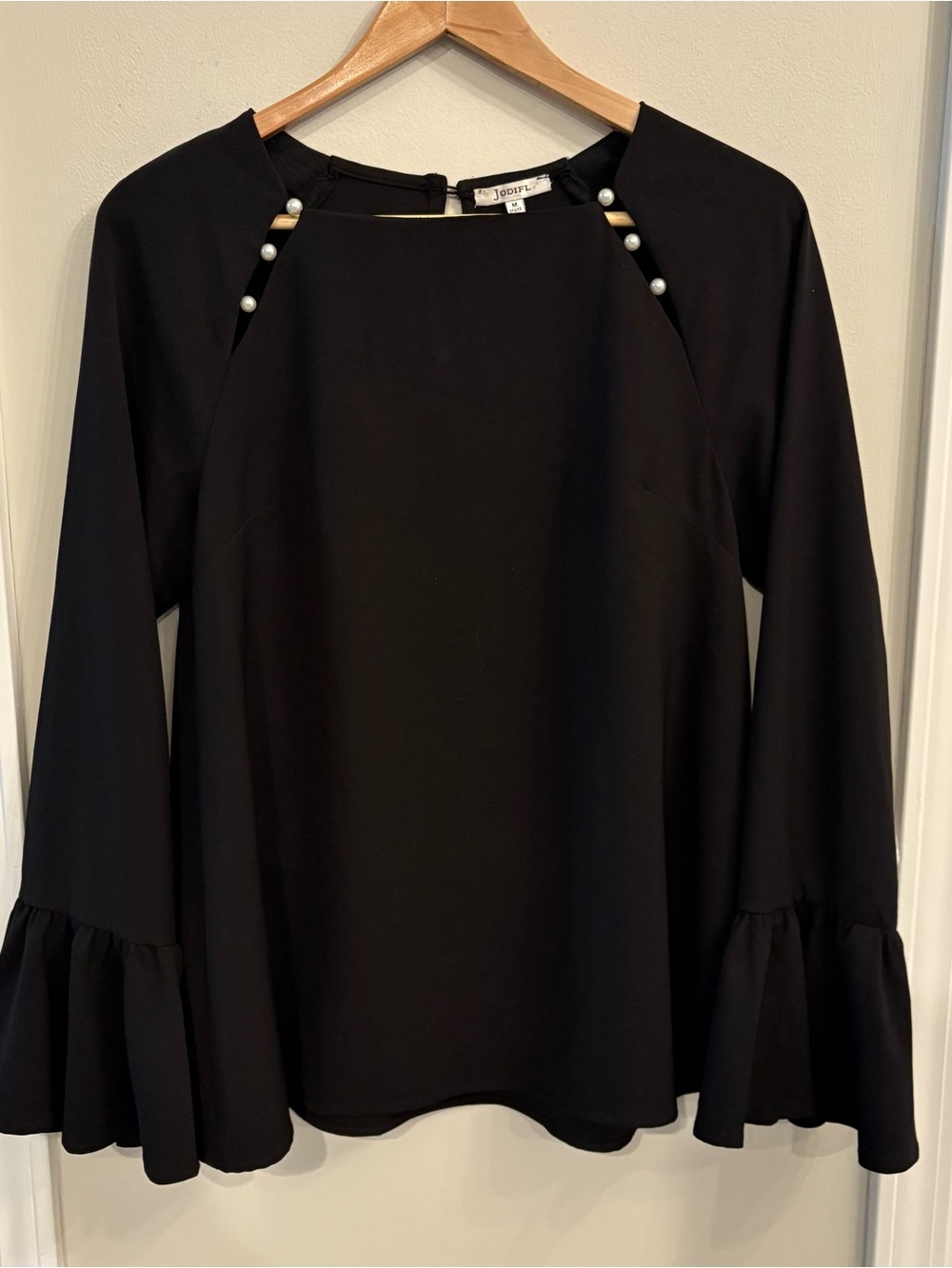 JODIFL Women’s Black Blouse Pearl Detail with Ruffle Cuffs Medium